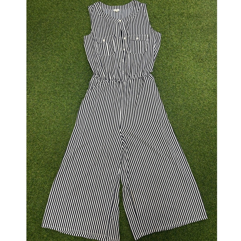 Spense Womens Black White Striped Sleeveless Wide Leg Jumpsuit Size 12